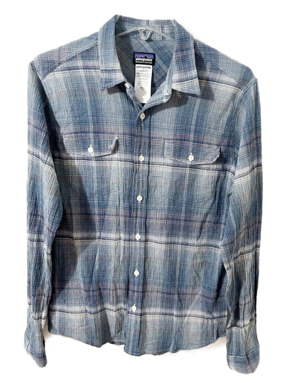 Patagonia S Blue Plaid Organic Cotton Button Down Shirt Long Sleeve Flap Pockets